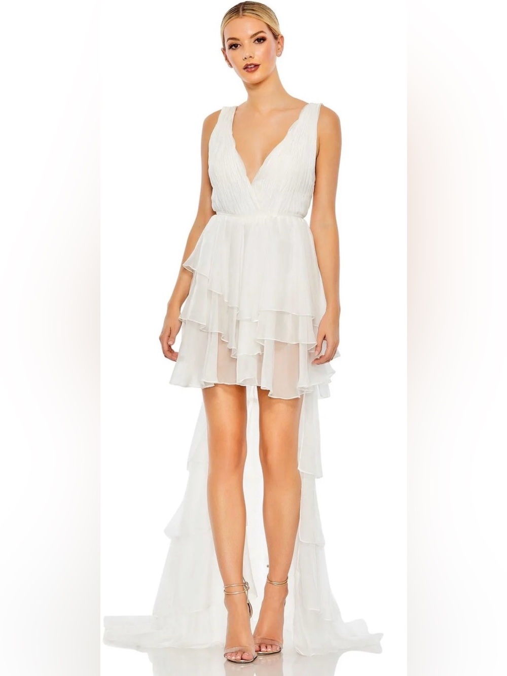Mac Duggal White Tiered Ruffle Maxi hi-lo Dress 0